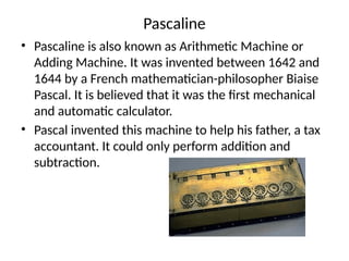 Adding Machine In1642 Defination and generation of Computer system | PPTX