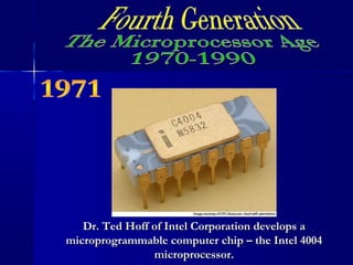 Dr. Ted Hoff of Intel Corporation develops aDr. Ted Hoff of Intel Corporation develops a
microprogrammable computer chip – the Intel 4004microprogrammable computer chip – the Intel 4004
microprocessor.microprocessor.
 