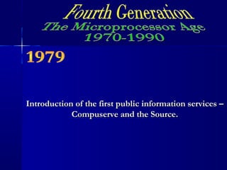 Introduction of the first public information services –Introduction of the first public information services –
Compuserve and the Source.Compuserve and the Source.
 