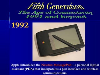 Apple introduces theApple introduces the Newton MessagePadNewton MessagePad – a personal digital– a personal digital
assistant (PDA) that incorporates a pen interface and wirelessassistant (PDA) that incorporates a pen interface and wireless
communications.communications.
 