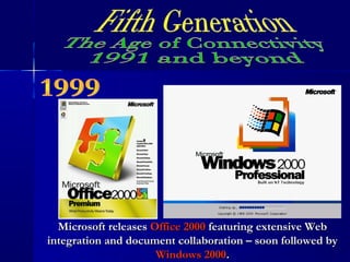 Microsoft releasesMicrosoft releases Office 2000Office 2000 featuring extensive Webfeaturing extensive Web
integration and document collaboration – soon followed byintegration and document collaboration – soon followed by
Windows 2000Windows 2000..
 
