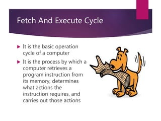 Fetch And Execute Cycle
 It is the basic operation
cycle of a computer
 It is the process by which a
computer retrieves a
program instruction from
its memory, determines
what actions the
instruction requires, and
carries out those actions
 
