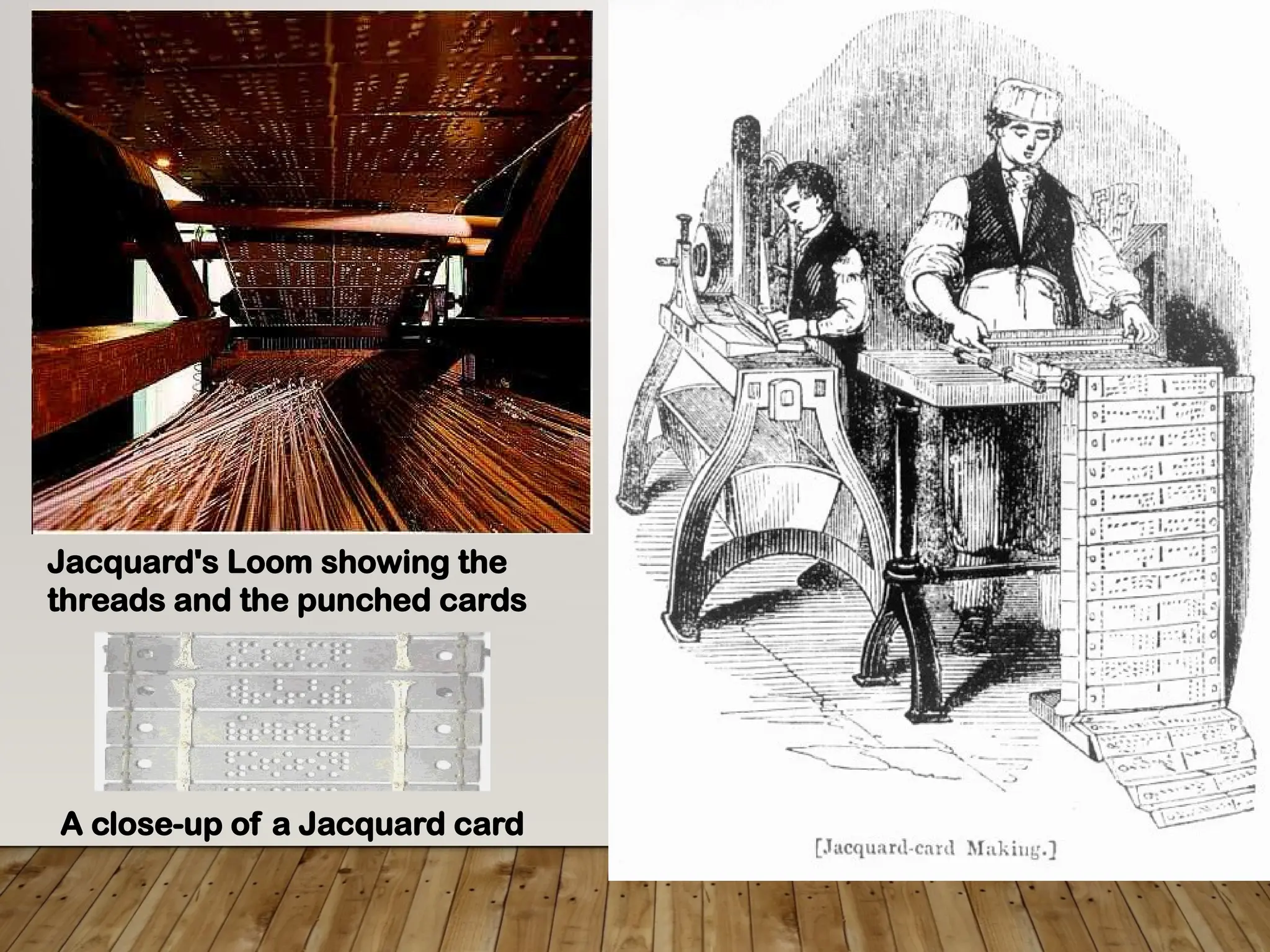 Jacquard's Loom showing the
threads and the punched cards
A close-up of a Jacquard card
 