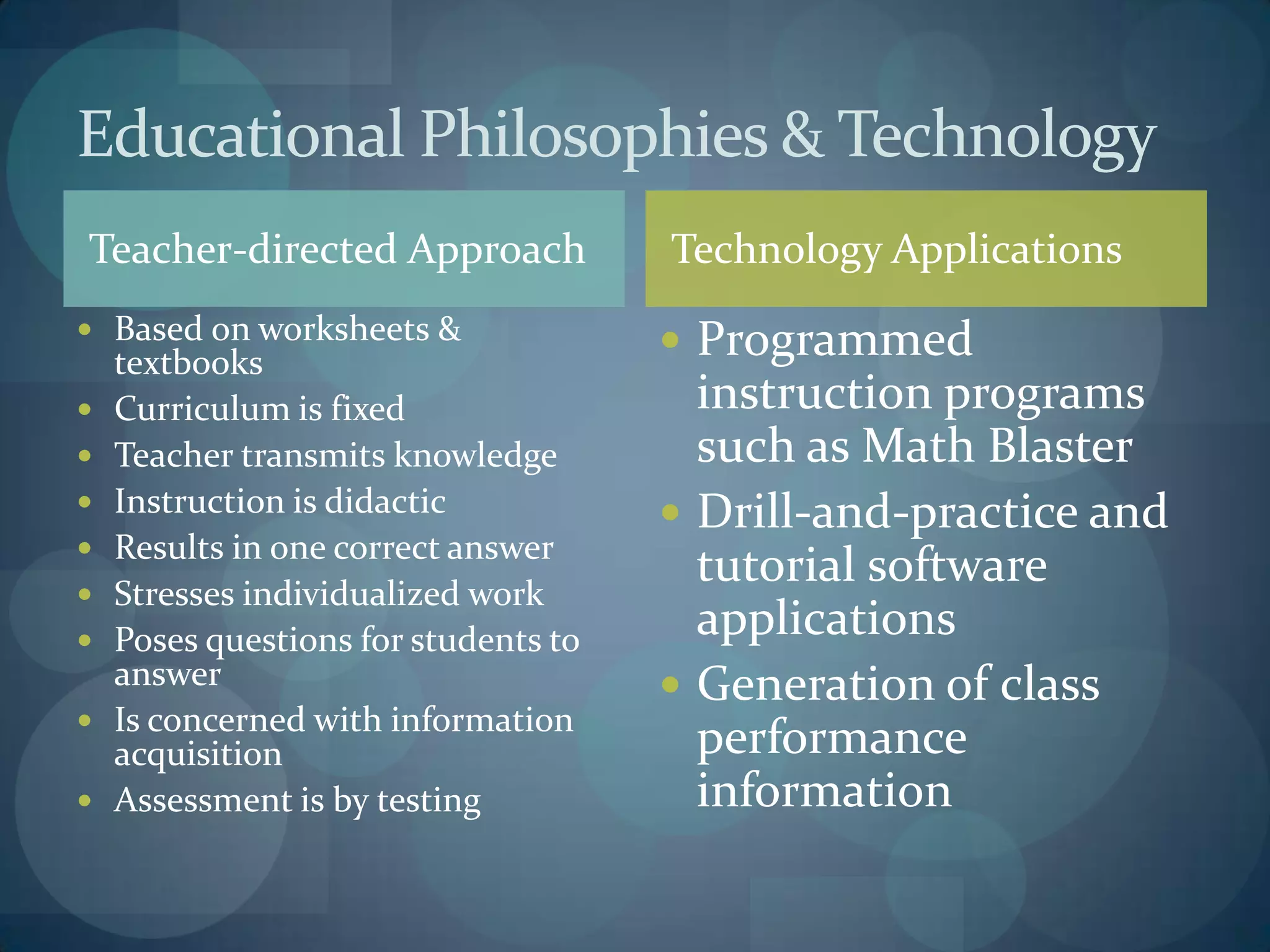 Educational Philosophies & Technology
Teacher-directed Approach             Technology Applications
 Based on worksheets &                Programmed
    textbooks
   Curriculum is fixed                 instruction programs
   Teacher transmits knowledge         such as Math Blaster
   Instruction is didactic            Drill-and-practice and
   Results in one correct answer
   Stresses individualized work
                                        tutorial software
   Poses questions for students to     applications
    answer                             Generation of class
   Is concerned with information
    acquisition                         performance
   Assessment is by testing            information
 