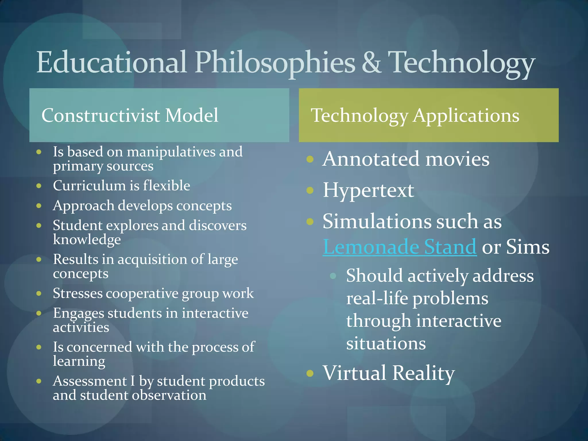 Educational Philosophies & Technology
Constructivist Model                   Technology Applications
 Is based on manipulatives and
    primary sources                     Annotated movies
   Curriculum is flexible              Hypertext
   Approach develops concepts
   Student explores and discovers      Simulations such as
    knowledge
   Results in acquisition of large
                                        Lemonade Stand or Sims
    concepts                              Should actively address
   Stresses cooperative group work        real-life problems
   Engages students in interactive
    activities                             through interactive
   Is concerned with the process of       situations
    learning
   Assessment I by student products    Virtual Reality
    and student observation
 