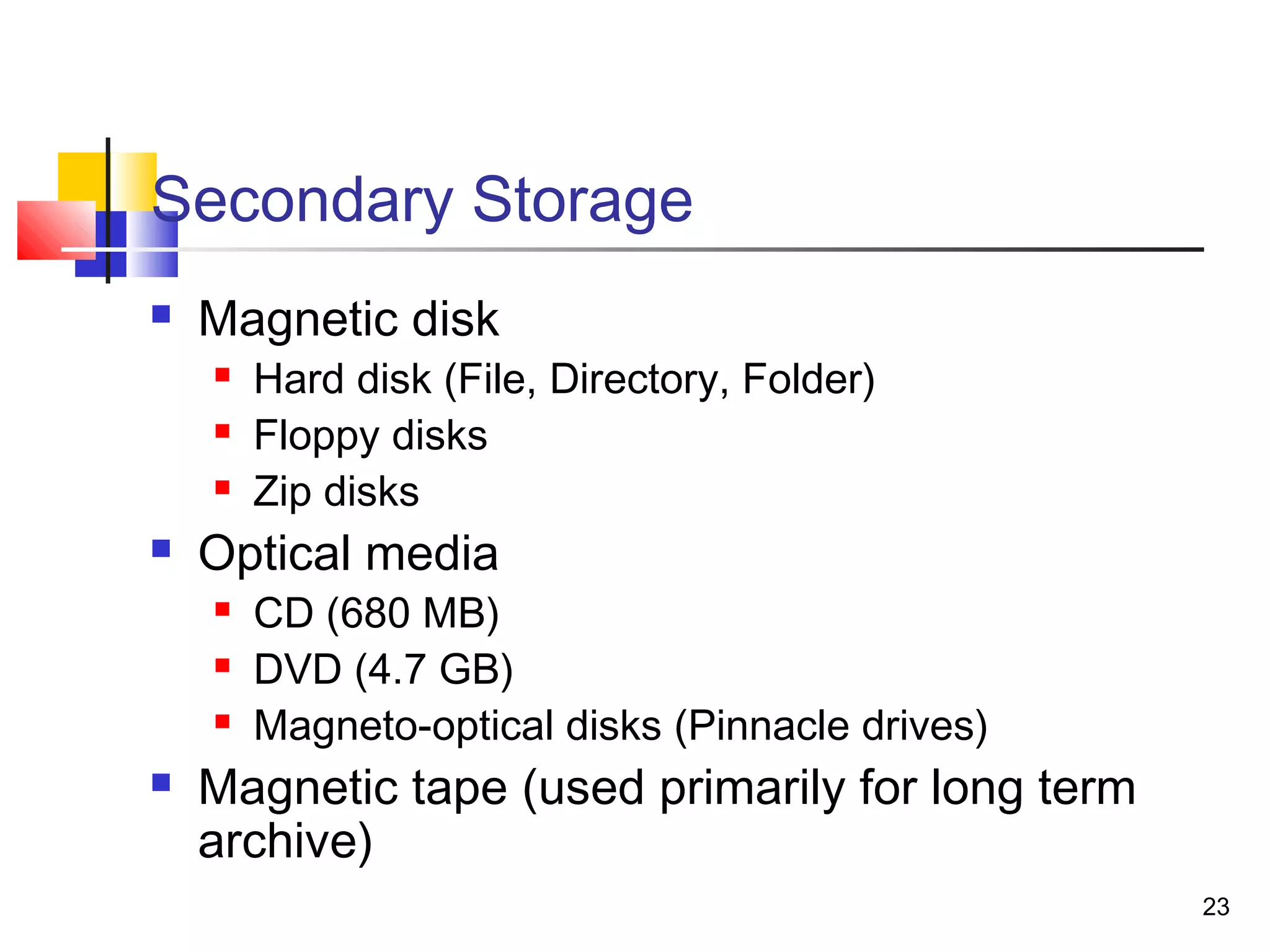 23
Secondary Storage
 Magnetic disk
 Hard disk (File, Directory, Folder)
 Floppy disks
 Zip disks
 Optical media
 CD (680 MB)
 DVD (4.7 GB)
 Magneto-optical disks (Pinnacle drives)
 Magnetic tape (used primarily for long term
archive)
 