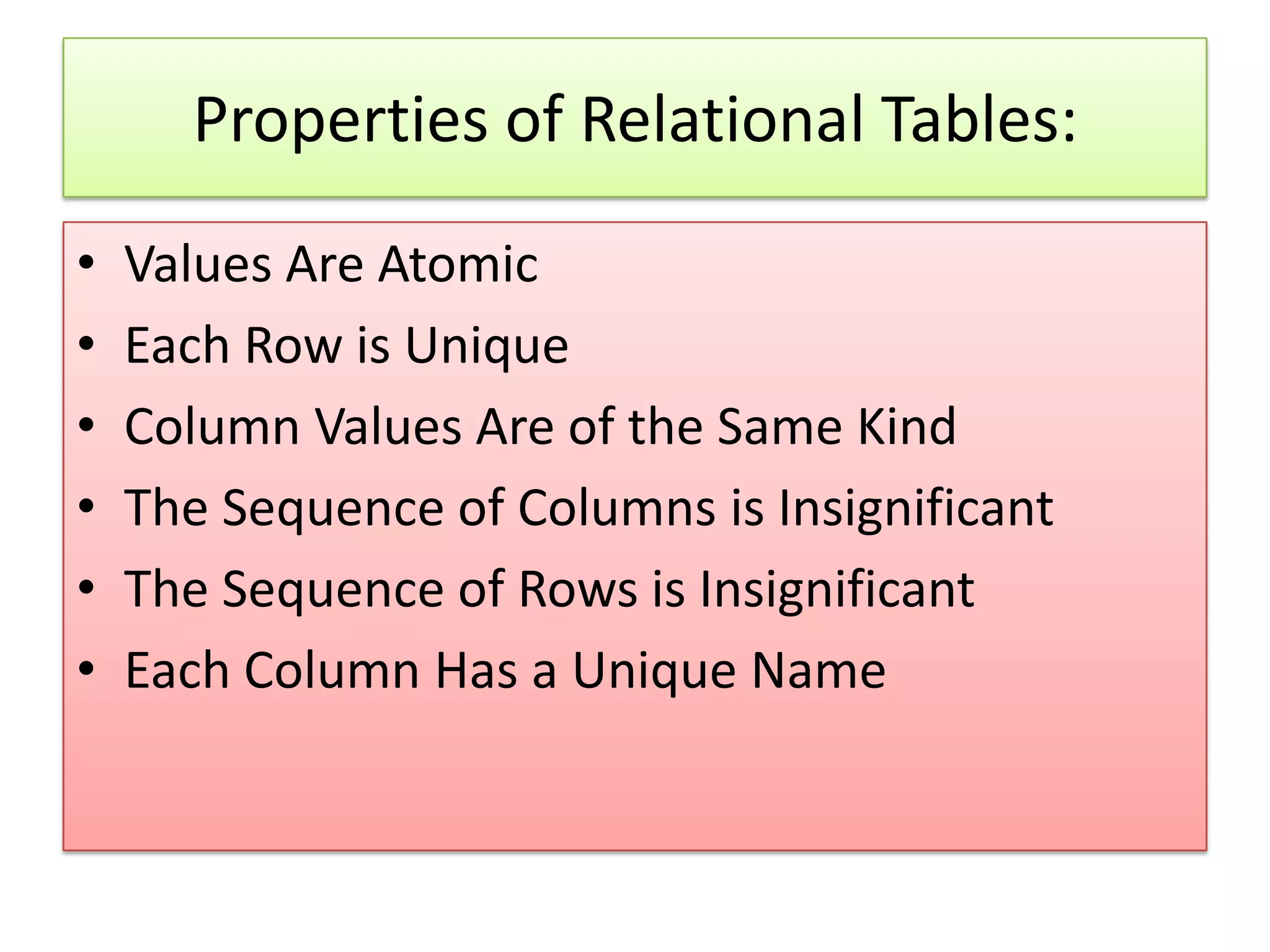Properties of Relational Tables: • Values Are Atomic • Each Row is Unique • Column Values Are of the Same Kind • The Sequence of Columns is Insignificant • The Sequence of Rows is Insignificant • Each Column Has a Unique Name 