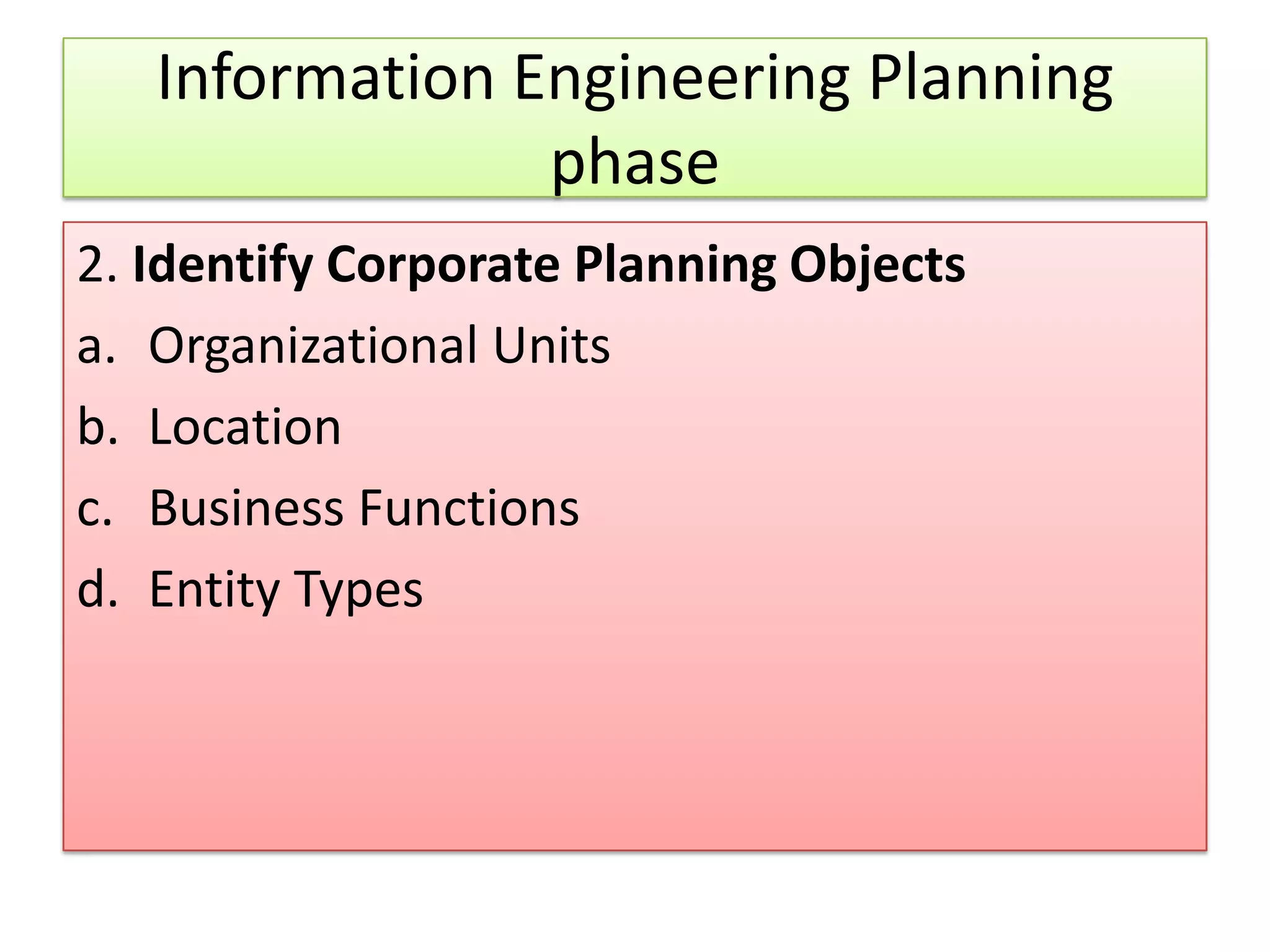 Information Engineering Planning phase 2. Identify Corporate Planning Objects a. Organizational Units b. Location c. Business Functions d. Entity Types 