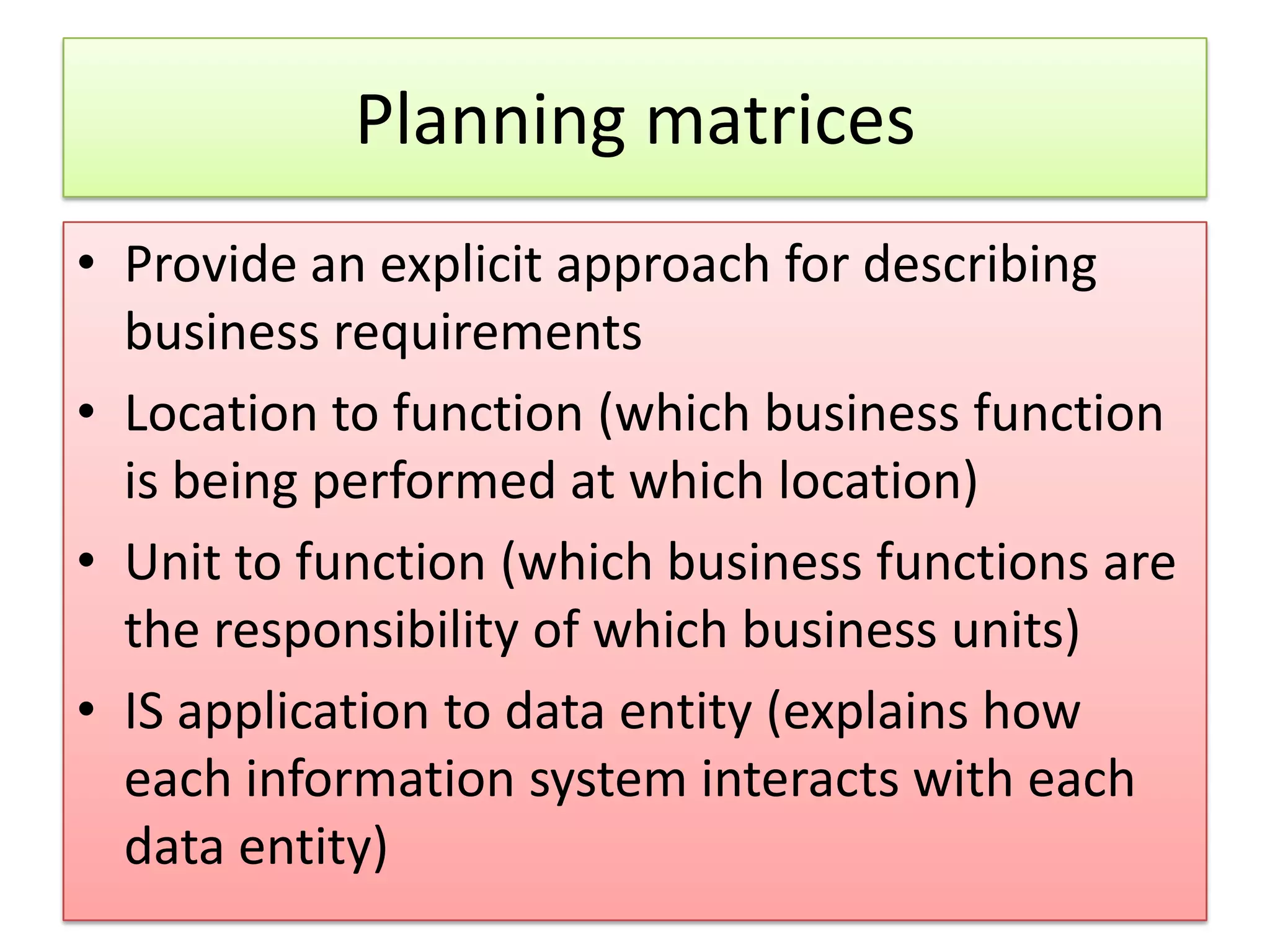 Planning matrices • Provide an explicit approach for describing business requirements • Location to function (which business function is being performed at which location) • Unit to function (which business functions are the responsibility of which business units) • IS application to data entity (explains how each information system interacts with each data entity) 