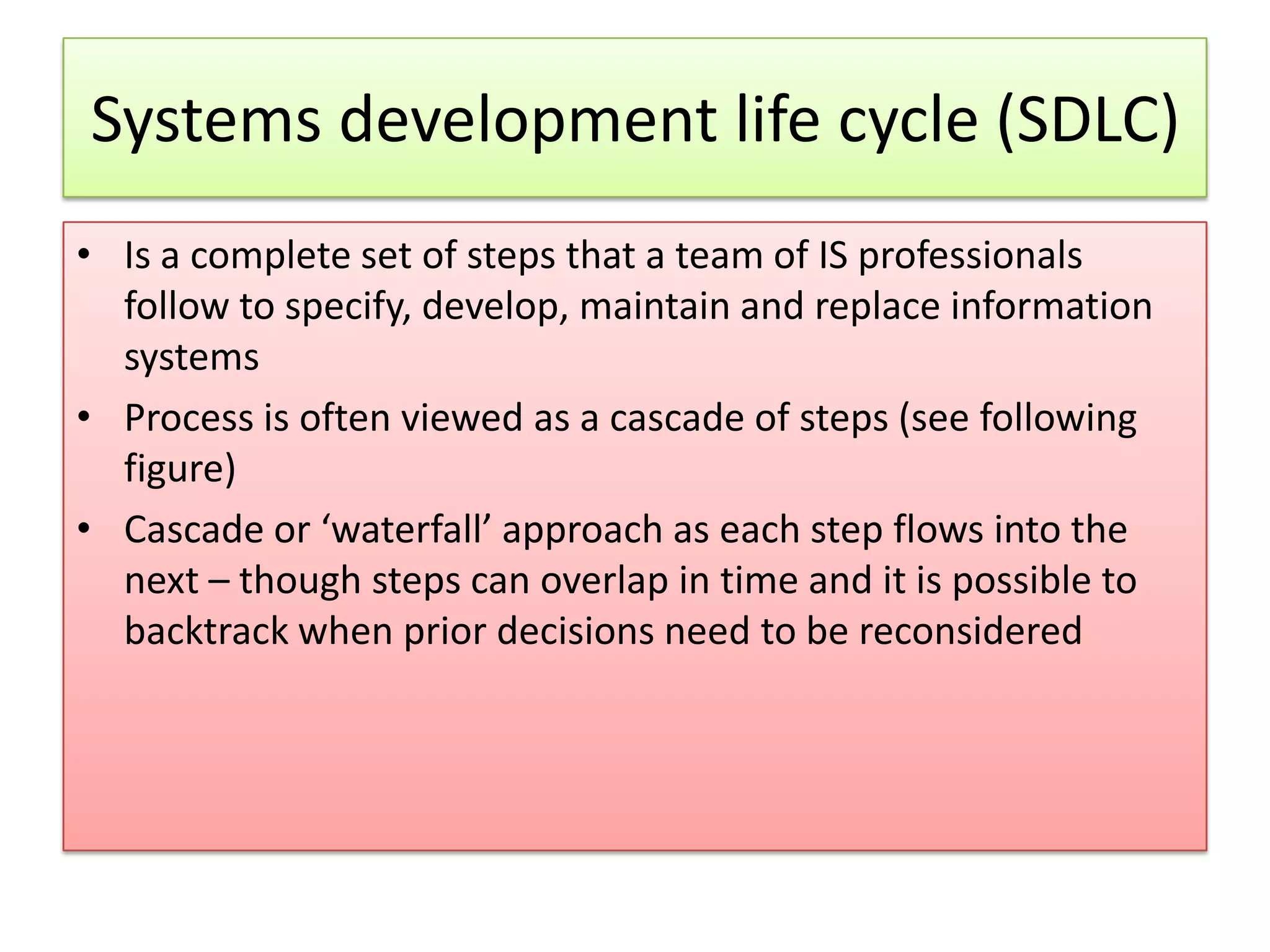 Systems development life cycle (SDLC) • Is a complete set of steps that a team of IS professionals follow to specify, develop, maintain and replace information systems • Process is often viewed as a cascade of steps (see following figure) • Cascade or ‘waterfall’ approach as each step flows into the next – though steps can overlap in time and it is possible to backtrack when prior decisions need to be reconsidered 