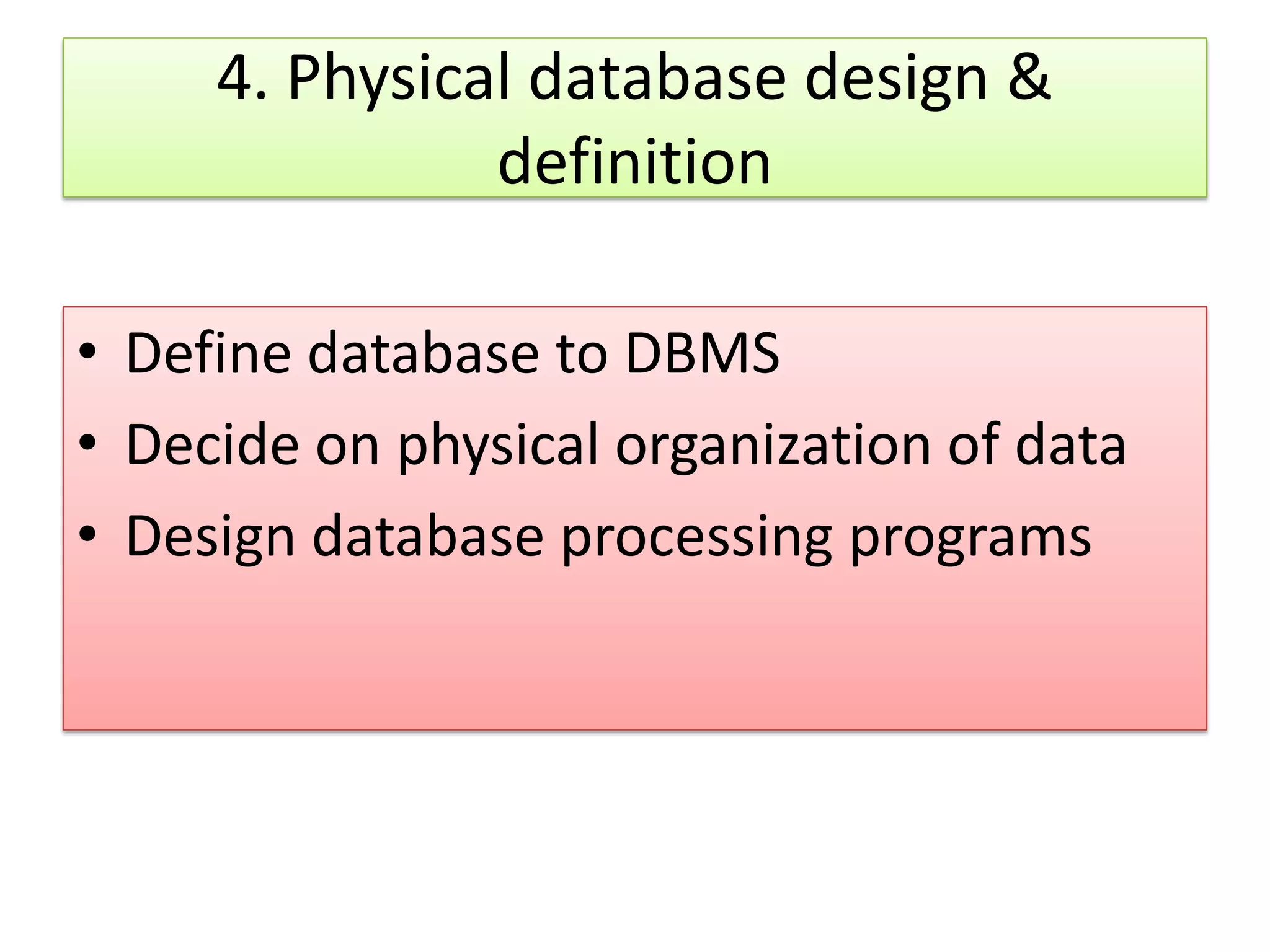 4. Physical database design & definition • Define database to DBMS • Decide on physical organization of data • Design database processing programs 