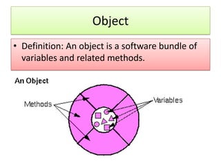 Object
• Definition: An object is a software bundle of
  variables and related methods.
 
