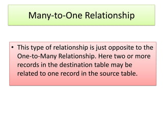 Many-to-One Relationship


• This type of relationship is just opposite to the
  One-to-Many Relationship. Here two or more
  records in the destination table may be
  related to one record in the source table.
 