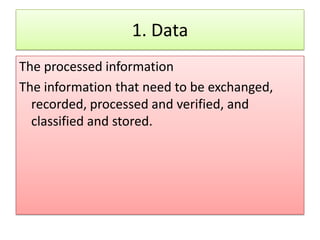 1. Data
The processed information
The information that need to be exchanged,
  recorded, processed and verified, and
  classified and stored.
 