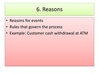 6. Reasons
• Reasons for events
• Rules that govern the process
• Example: Customer cash withdrawal at ATM
 