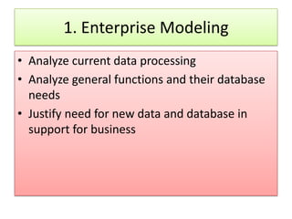 1. Enterprise Modeling
• Analyze current data processing
• Analyze general functions and their database
  needs
• Justify need for new data and database in
  support for business
 