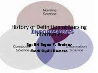 History of Definition of Nursing
Informatics
By: Art Bryan V. Arcinas
Mark Cydil Romero
 