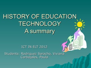 HISTORY OF EDUCATION
    TECHNOLOGY
      A summary

          ICT IN ELT 2012

Students: Rodriguez Saracho, Viviana
          Carbajales, Paula
 