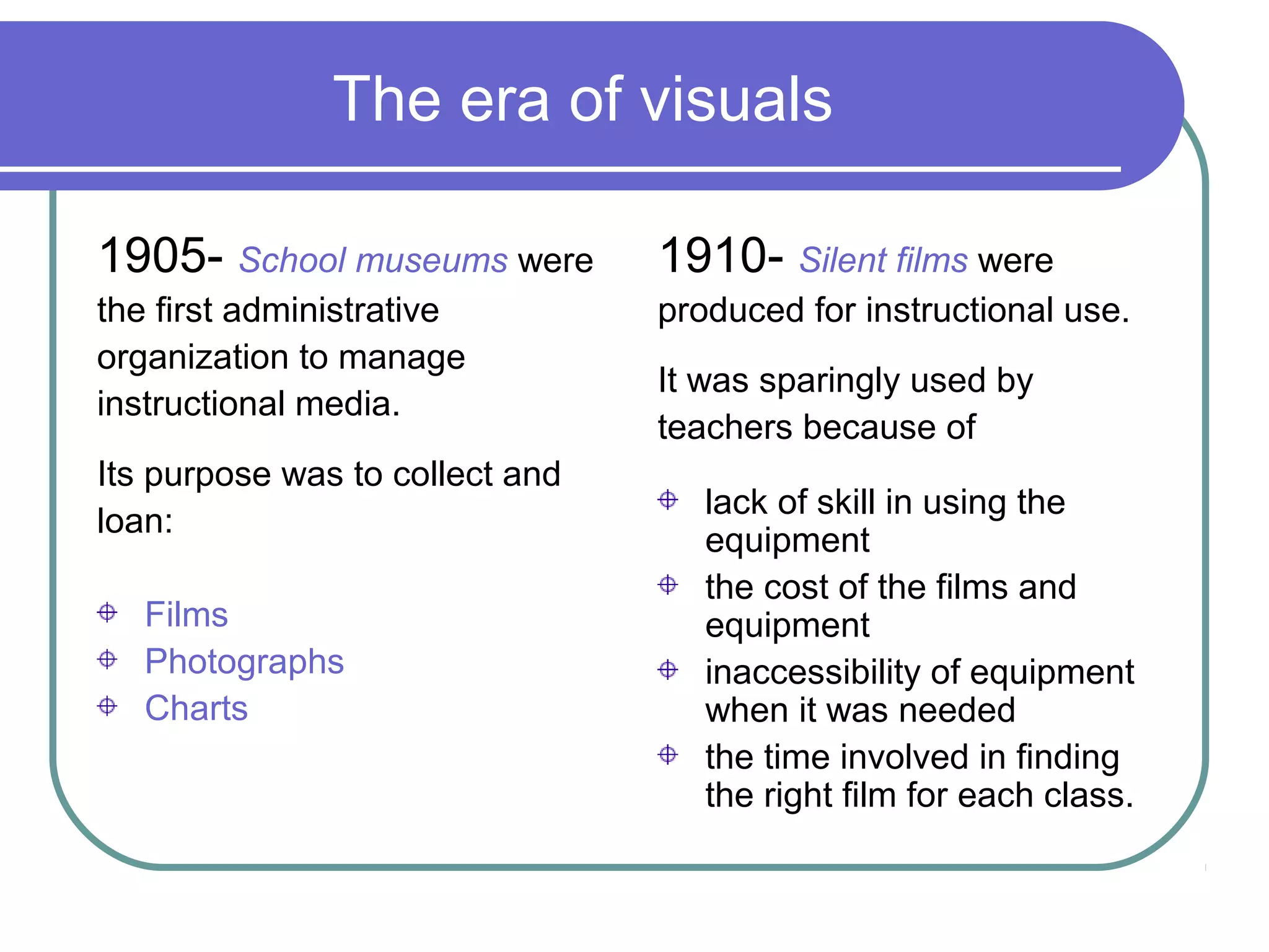 The era of visuals

1905- School museums were        1910- Silent films were
the first administrative         produced for instructional use.
organization to manage
                                 It was sparingly used by
instructional media.
                                 teachers because of
Its purpose was to collect and
                                    lack of skill in using the
loan:
                                    equipment
                                    the cost of the films and
   Films                            equipment
   Photographs                      inaccessibility of equipment
   Charts                           when it was needed
                                    the time involved in finding
                                    the right film for each class.
 