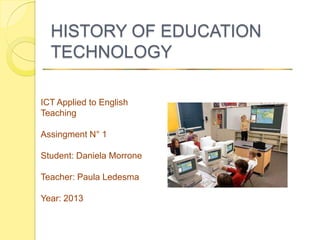 HISTORY OF EDUCATION
  TECHNOLOGY

ICT Applied to English
Teaching

Assingment N° 1

Student: Daniela Morrone

Teacher: Paula Ledesma

Year: 2013
 