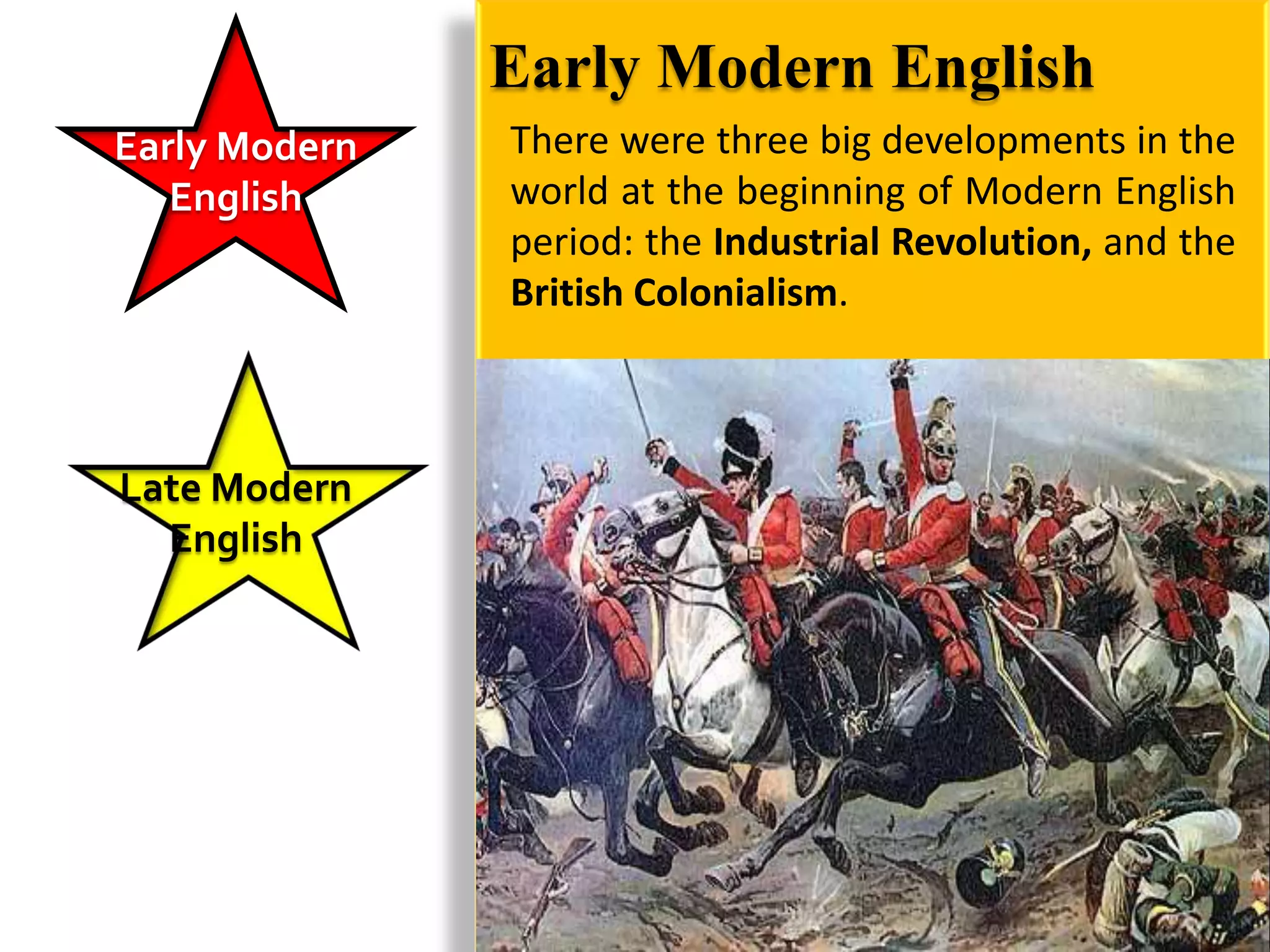 Early Modern English
Early Modern   There were three big developments in the
   English     world at the beginning of Modern English
               period: the Industrial Revolution, and the
               British Colonialism.



Late Modern
  English
 