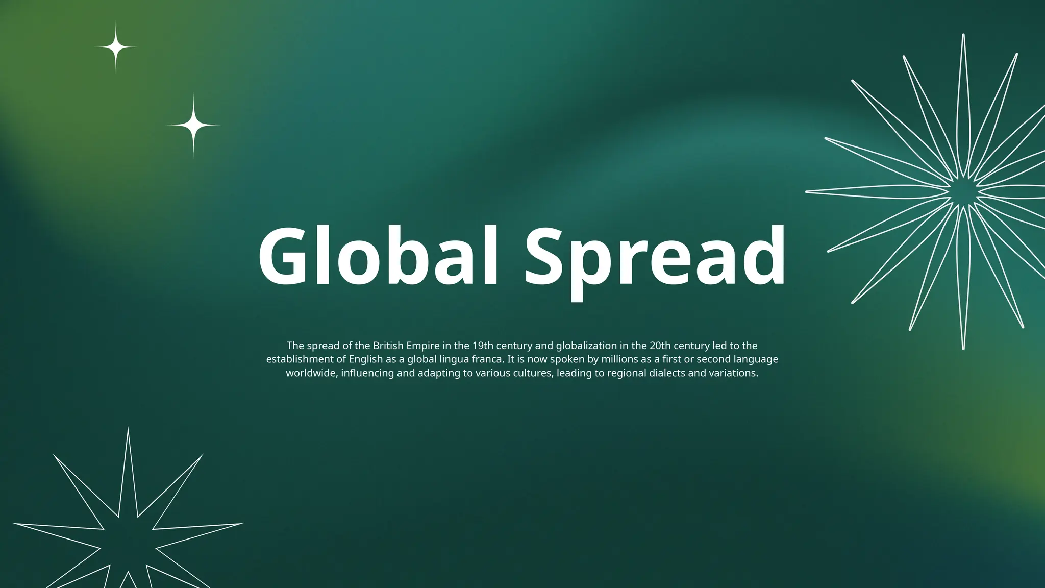 Global Spread
The spread of the British Empire in the 19th century and globalization in the 20th century led to the
establishment of English as a global lingua franca. It is now spoken by millions as a first or second language
worldwide, influencing and adapting to various cultures, leading to regional dialects and variations.
 