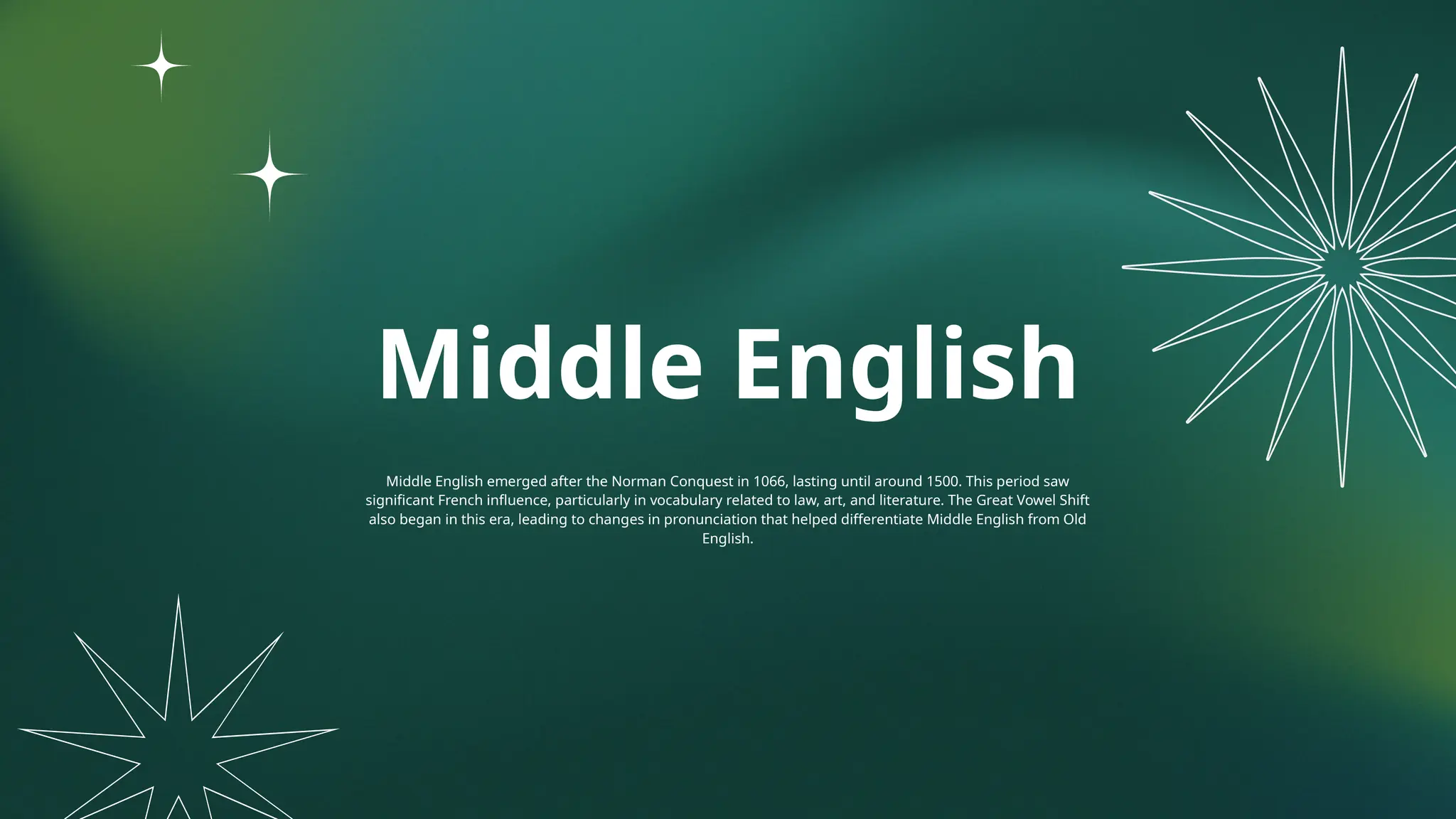 Middle English
Middle English emerged after the Norman Conquest in 1066, lasting until around 1500. This period saw
significant French influence, particularly in vocabulary related to law, art, and literature. The Great Vowel Shift
also began in this era, leading to changes in pronunciation that helped differentiate Middle English from Old
English.
 