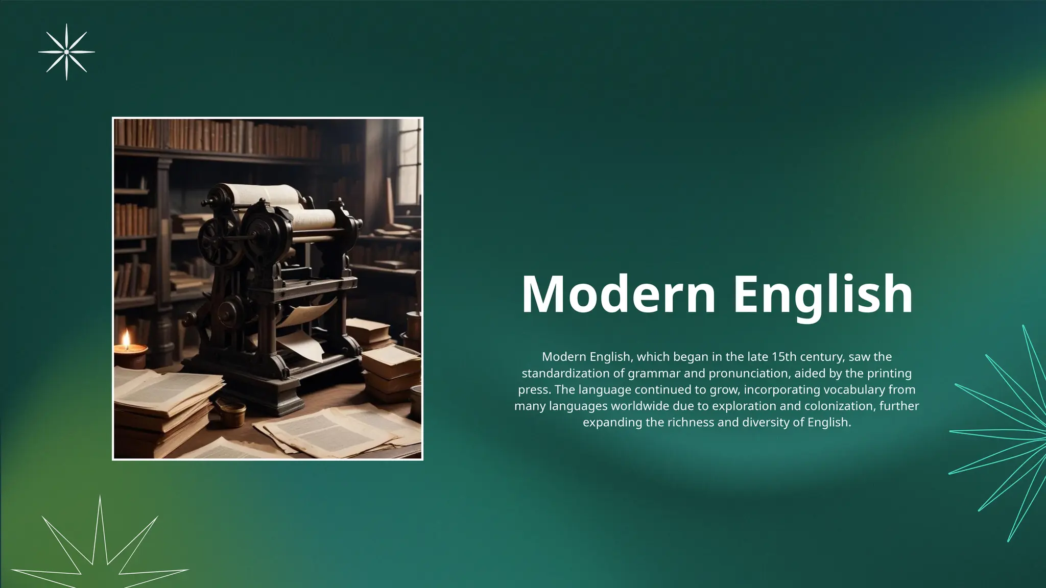 Modern English
Modern English, which began in the late 15th century, saw the
standardization of grammar and pronunciation, aided by the printing
press. The language continued to grow, incorporating vocabulary from
many languages worldwide due to exploration and colonization, further
expanding the richness and diversity of English.
 