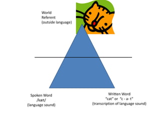 World Referent (outside language) Written Word “cat” or  “c - a- t” (transcription of language sound) Spoken Word /kæt/ (language sound) 