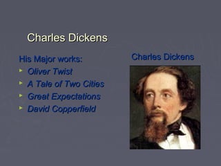 Charles DickensCharles Dickens
His Major works:His Major works:
 Oliver TwistOliver Twist
 A Tale of Two CitiesA Tale of...