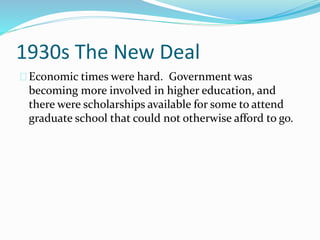 1930s The New Deal 
Economic times were hard. Government was 
becoming more involved in higher education, and 
there were scholarships available for some to attend 
graduate school that could not otherwise afford to go. 
 