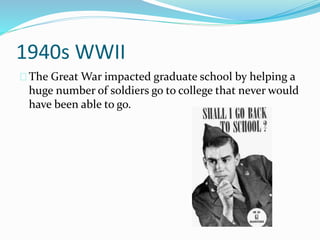 1940s WWII 
The Great War impacted graduate school by helping a 
huge number of soldiers go to college that never would 
have been able to go. 
 