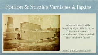 Poillon & Staples Varnishes & Japans
148th St. & R.R Avenue, Bronx
A key component to the
longevity of yachts built by the...