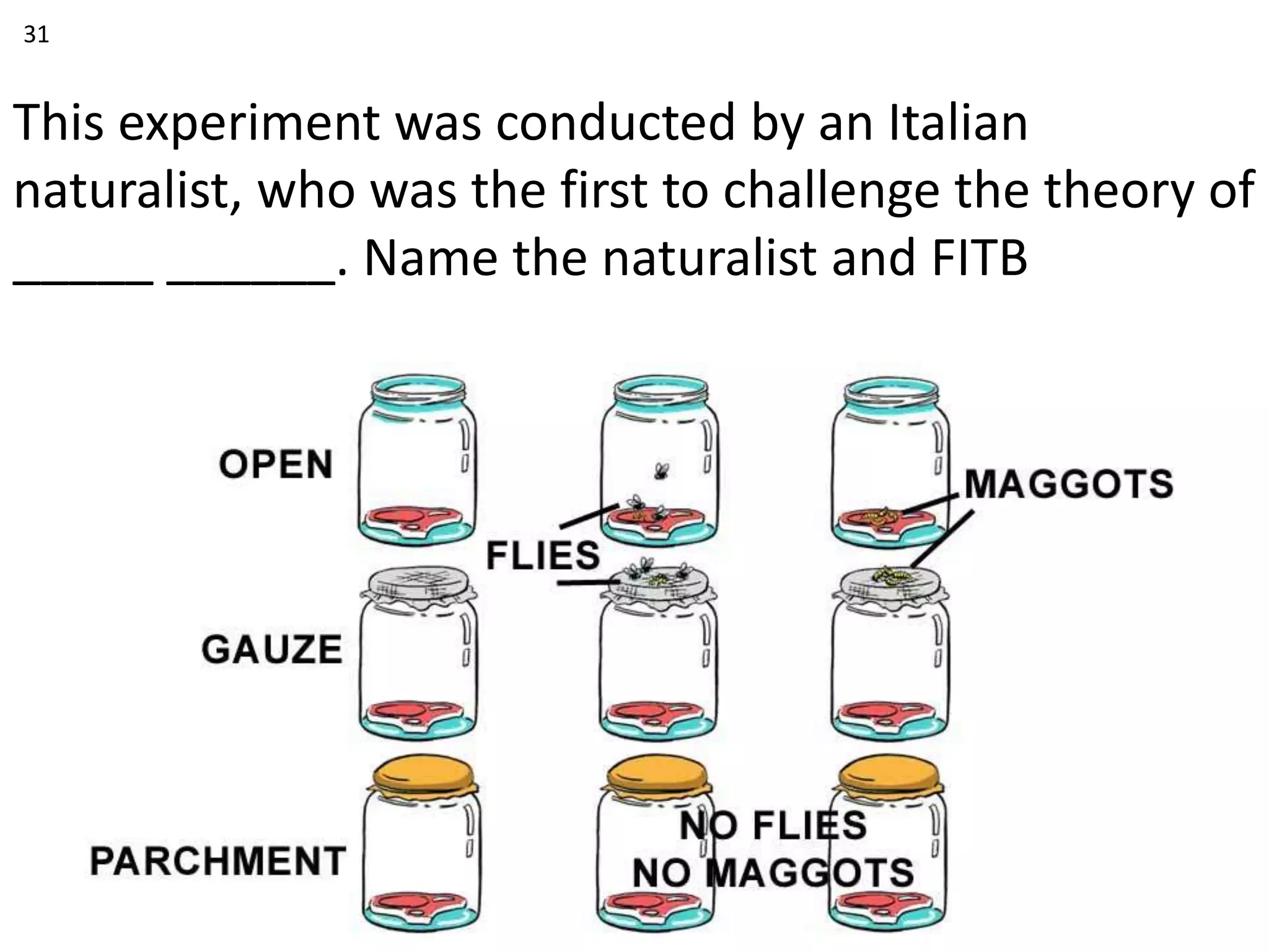 This experiment was conducted by an Italian
naturalist, who was the first to challenge the theory of
_____ ______. Name the naturalist and FITB
31
 