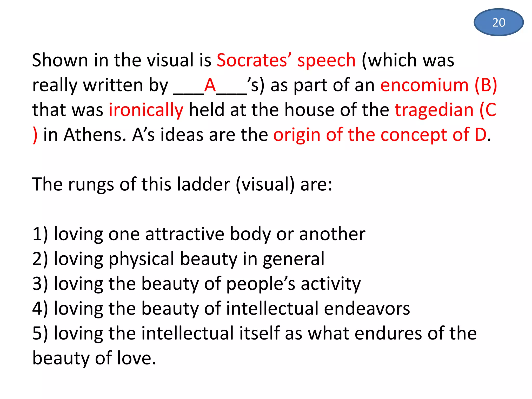 20
Shown in the visual is Socrates’ speech (which was
really written by ___A___’s) as part of an encomium (B)
that was ironically held at the house of the tragedian (C
) in Athens. A’s ideas are the origin of the concept of D.
The rungs of this ladder (visual) are:
1) loving one attractive body or another
2) loving physical beauty in general
3) loving the beauty of people’s activity
4) loving the beauty of intellectual endeavors
5) loving the intellectual itself as what endures of the
beauty of love.
 