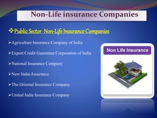Public Sector Non-Life Insurance Companies
Agriculture Insurance Company of India
Export Credit Guarantee Corporation of India
National Insurance Company
New India Assurance
The Oriental Insurance Company
United India Insurance Company
Non-Life insurance Companies
 