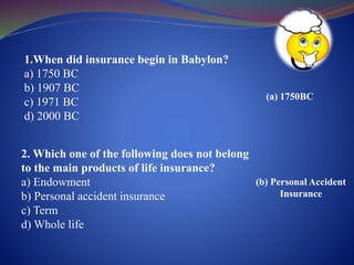1.When did insurance begin in Babylon?
a) 1750 BC
b) 1907 BC
c) 1971 BC
d) 2000 BC
(a) 1750BC
2. Which one of the following does not belong
to the main products of life insurance?
a) Endowment
b) Personal accident insurance
c) Term
d) Whole life
(b) Personal Accident
Insurance
 