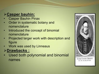 Casper bauhin:
• Casper Bauhin Pinax
• Order in systematic botany and
nomenclature
• Introduced the concept of binomial
nomenclature
• Projected larger work with description and
figure
• Work was used by Linneaus
Drawbacks :
• Used both polynomial and binomial
names
 