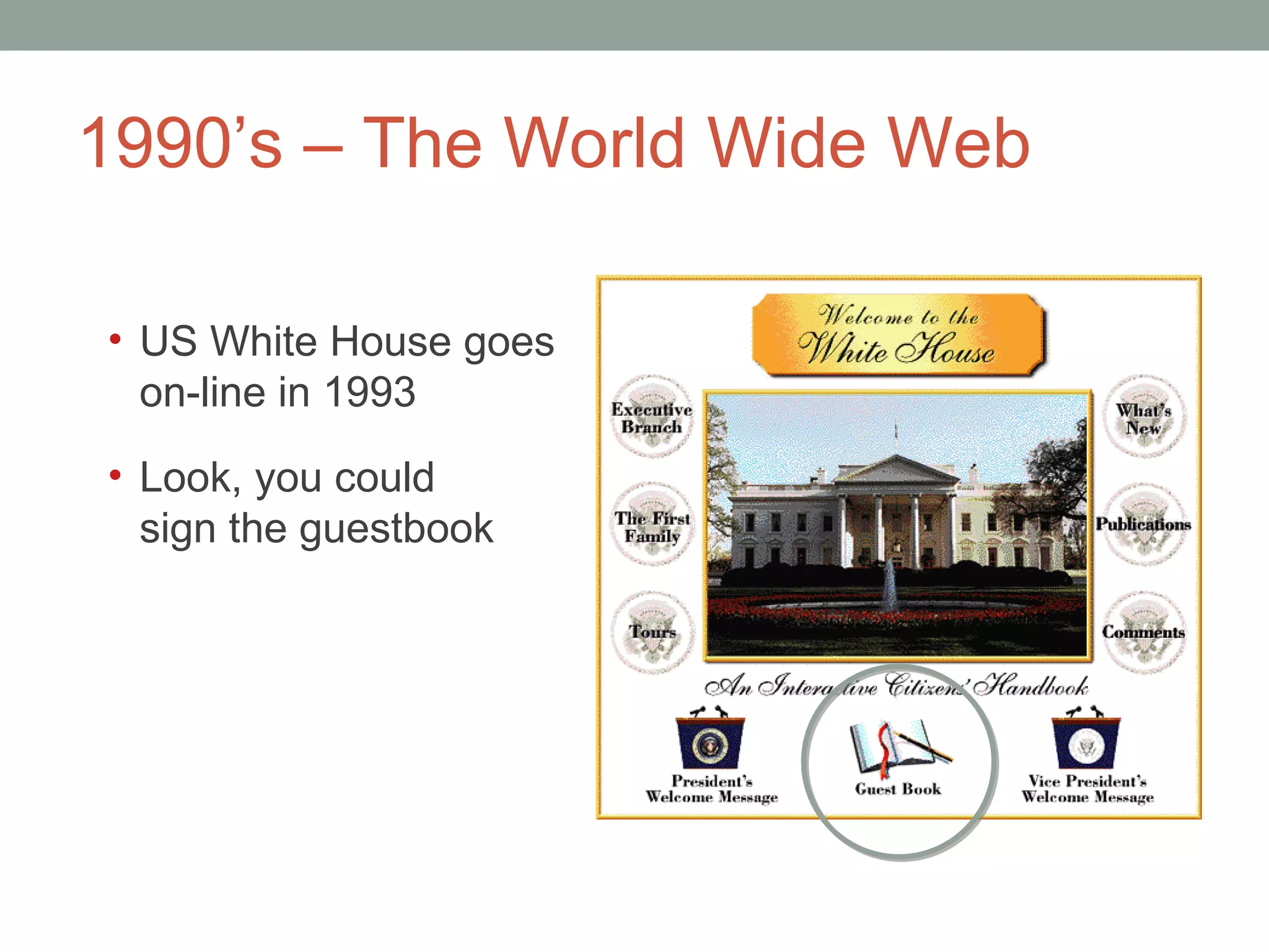 1990 ’s – The World Wide Web US White House goes on-line in 1993 Look, you could  sign the guestbook  