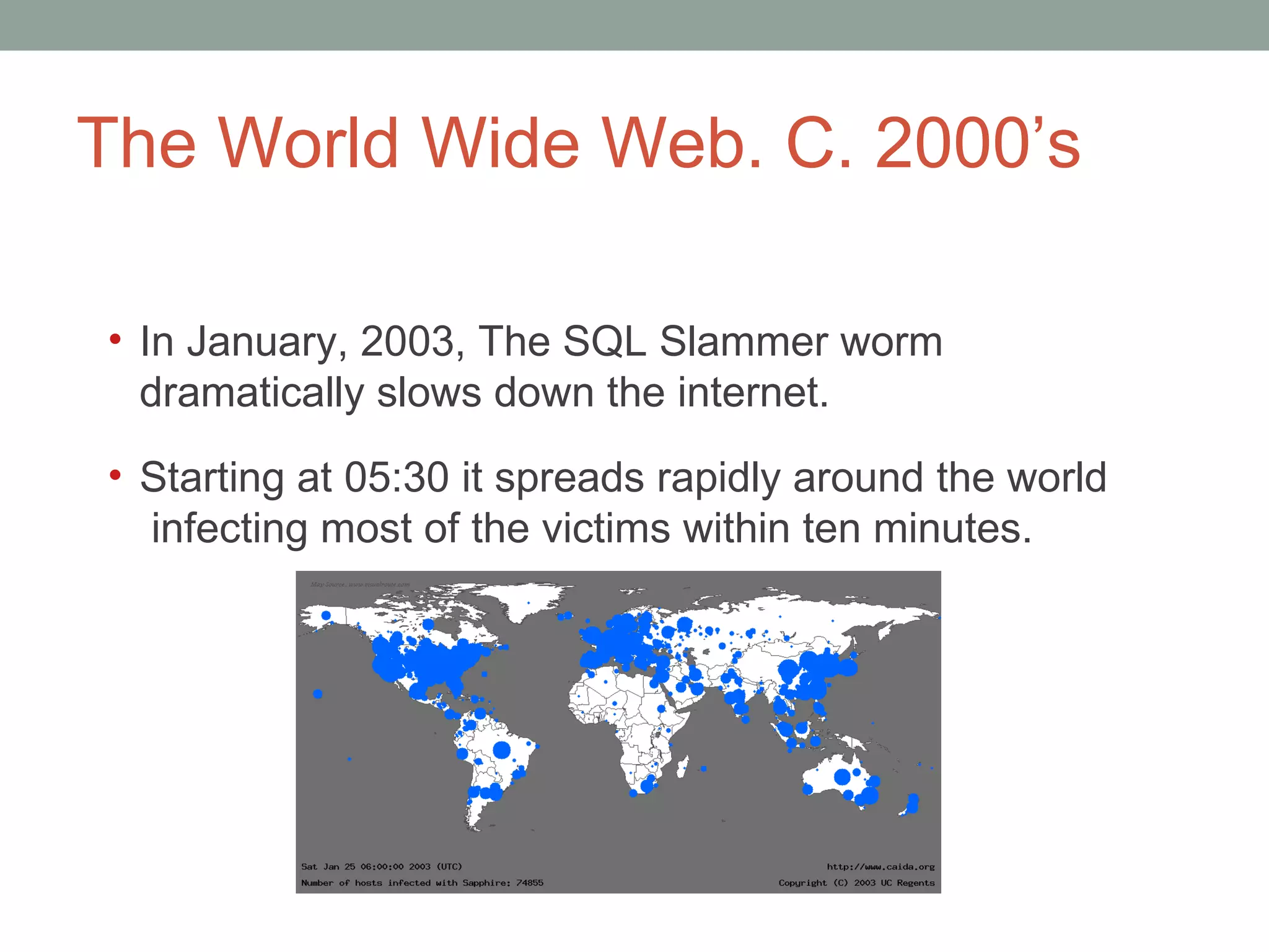 The World Wide Web. C. 2000 ’s In January, 2003, The SQL Slammer worm dramatically slows down the internet.  Starting at 05:30 it spreads rapidly around the world  infecting most of the victims within ten minutes.  