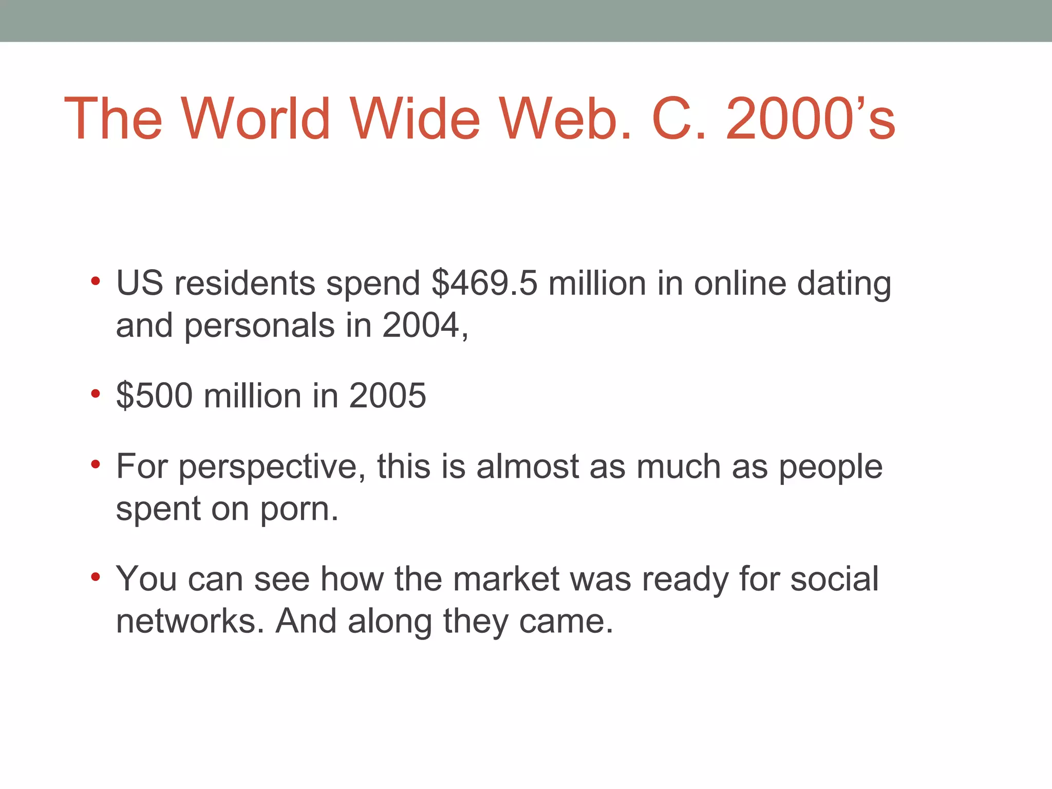 The World Wide Web. C. 2000 ’s US residents spend $469.5 million in online dating and personals in 2004,  $500 million in 2005 For perspective, this is  almost as much as people spent on porn.  You can see how the market was ready for social networks. And along they came.  