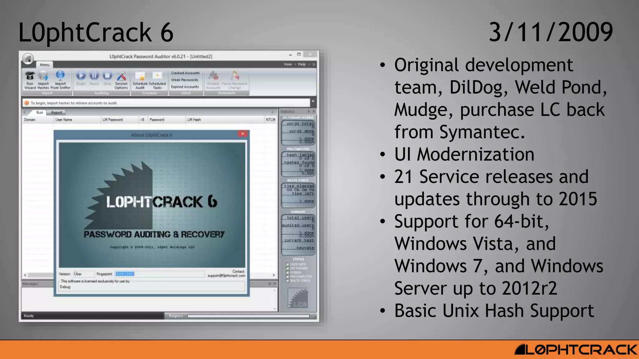 L0phtCrack 6 3/11/2009
• Original development
team, DilDog, Weld Pond,
Mudge, purchase LC back
from Symantec.
• UI Modernization
• 21 Service releases and
updates through to 2015
• Support for 64-bit,
Windows Vista, and
Windows 7, and Windows
Server up to 2012r2
• Basic Unix Hash Support
 