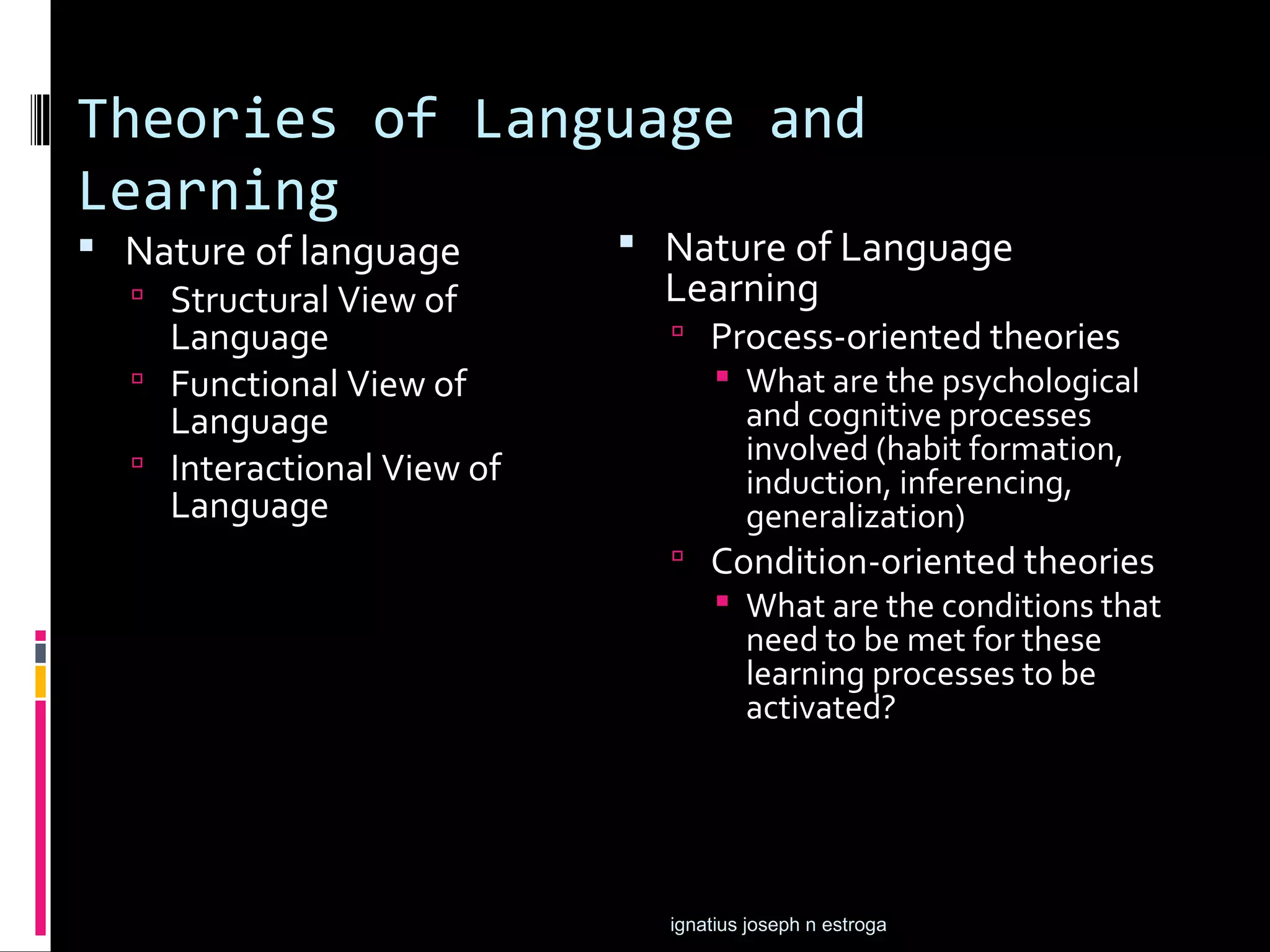 Theories of Language and
Learning
 Nature of language         Nature of Language
   Structural View of        Learning
    Language                   Process-oriented theories
   Functional View of           What are the psychological
    Language                      and cognitive processes
   Interactional View of         involved (habit formation,
                                  induction, inferencing,
    Language                      generalization)
                               Condition-oriented theories
                                 What are the conditions that
                                  need to be met for these
                                  learning processes to be
                                  activated?




                              ignatius joseph n estroga
 