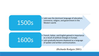 • Latin was the dominant language of education,
commerce, religion, and government in the
Western world.
1500s
• French, Italian, and English gained in importance
as a result of political changes in Europe.
• Latin gradually became displaced as a language
of spoken and written communication.
1600s
(Richards Rodgers 2001)
 