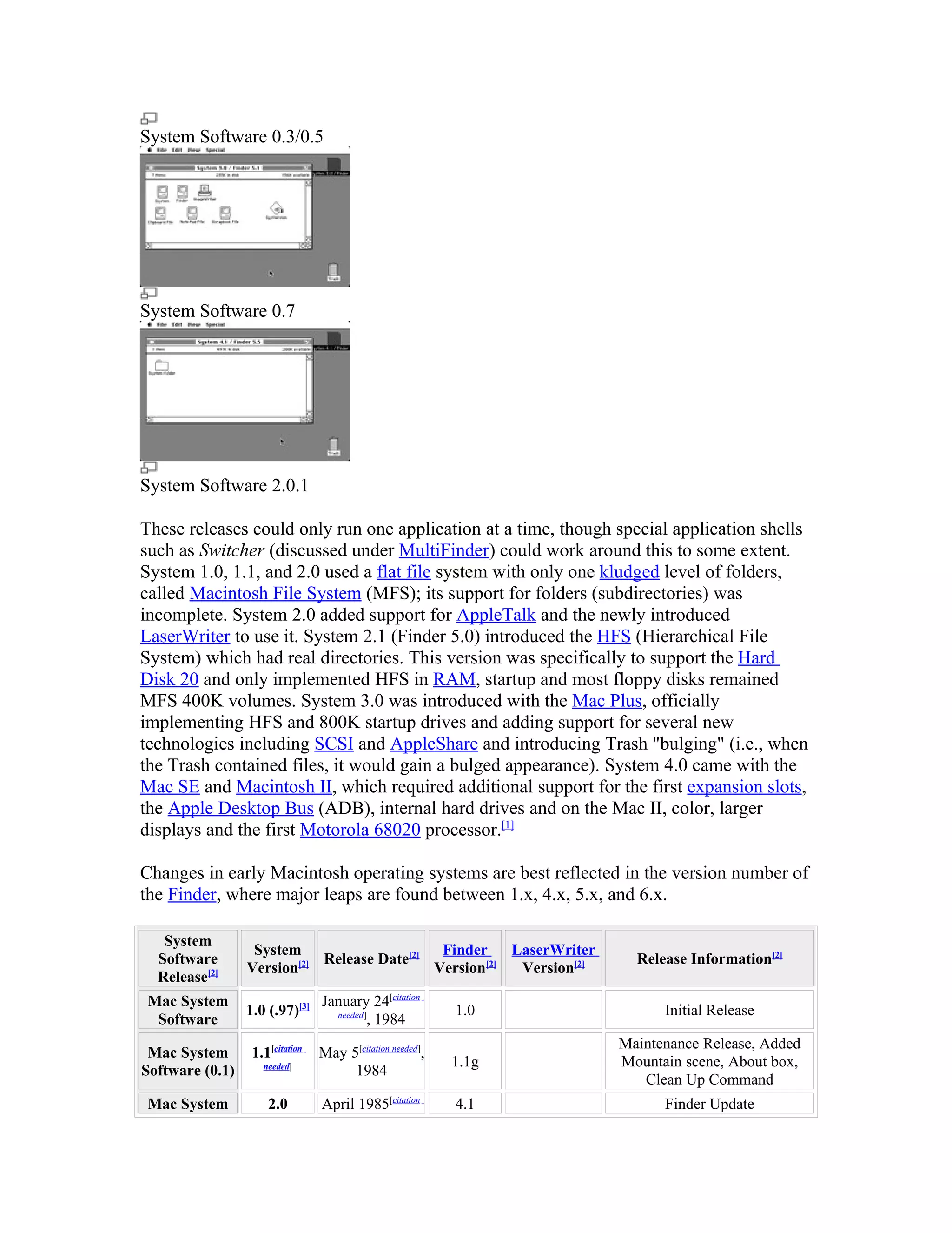 System Software 0.3/0.5




System Software 0.7




System Software 2.0.1

These releases could only run one application at a time, though special application shells
such as Switcher (discussed under MultiFinder) could work around this to some extent.
System 1.0, 1.1, and 2.0 used a flat file system with only one kludged level of folders,
called Macintosh File System (MFS); its support for folders (subdirectories) was
incomplete. System 2.0 added support for AppleTalk and the newly introduced
LaserWriter to use it. System 2.1 (Finder 5.0) introduced the HFS (Hierarchical File
System) which had real directories. This version was specifically to support the Hard
Disk 20 and only implemented HFS in RAM, startup and most floppy disks remained
MFS 400K volumes. System 3.0 was introduced with the Mac Plus, officially
implementing HFS and 800K startup drives and adding support for several new
technologies including SCSI and AppleShare and introducing Trash "bulging" (i.e., when
the Trash contained files, it would gain a bulged appearance). System 4.0 came with the
Mac SE and Macintosh II, which required additional support for the first expansion slots,
the Apple Desktop Bus (ADB), internal hard drives and on the Mac II, color, larger
displays and the first Motorola 68020 processor.[1]

Changes in early Macintosh operating systems are best reflected in the version number of
the Finder, where major leaps are found between 1.x, 4.x, 5.x, and 6.x.

   System
                  System                     Finder    LaserWriter
  Software                  Release Date[2]                            Release Information[2]
                 Version[2]                 Version[2]  Version[2]
  Release[2]
 Mac System                      January 24[citation
                 1.0 (.97)[3]      needed]                 1.0             Initial Release
  Software                                , 1984
                                                                     Maintenance Release, Added
 Mac System       1.1[citation   May 5[citation needed],
                    needed]                                1.1g      Mountain scene, About box,
Software (0.1)                        1984
                                                                        Clean Up Command
 Mac System          2.0         April 1985[citation       4.1             Finder Update
 