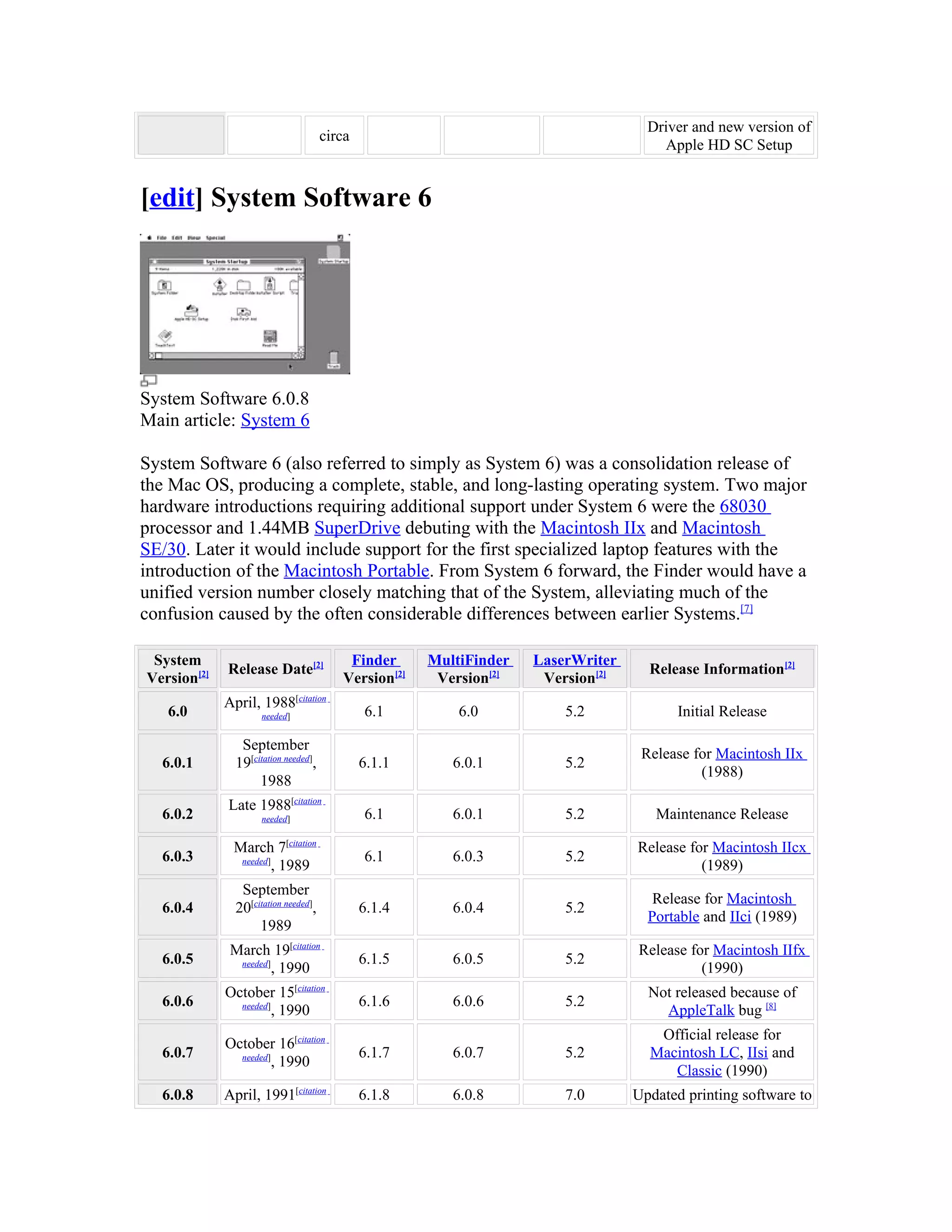 Driver and new version of
                                      circa
                                                                                      Apple HD SC Setup


[edit] System Software 6




System Software 6.0.8
Main article: System 6

System Software 6 (also referred to simply as System 6) was a consolidation release of
the Mac OS, producing a complete, stable, and long-lasting operating system. Two major
hardware introductions requiring additional support under System 6 were the 68030
processor and 1.44MB SuperDrive debuting with the Macintosh IIx and Macintosh
SE/30. Later it would include support for the first specialized laptop features with the
introduction of the Macintosh Portable. From System 6 forward, the Finder would have a
unified version number closely matching that of the System, alleviating much of the
confusion caused by the often considerable differences between earlier Systems.[7]

 System                                   Finder      MultiFinder   LaserWriter
             Release Date[2]                                                        Release Information[2]
Version[2]                               Version[2]    Version[2]    Version[2]
             April, 1988[citation
   6.0               needed]                  6.1         6.0           5.2              Initial Release

                September
                                                                                   Release for Macintosh IIx
  6.0.1        19[citation needed],           6.1.1      6.0.1          5.2
                                                                                            (1988)
                    1988
             Late 1988[citation
  6.0.2              needed]                  6.1        6.0.1          5.2          Maintenance Release

              March 7[citation                                                    Release for Macintosh IIcx
  6.0.3        needed]                        6.1        6.0.3          5.2
                       , 1989                                                               (1989)
                September
                                                                                     Release for Macintosh
  6.0.4        20[citation needed],           6.1.4      6.0.4          5.2
                                                                                    Portable and IIci (1989)
                    1989
              March 19[citation                                                   Release for Macintosh IIfx
  6.0.5        needed]                        6.1.5      6.0.5          5.2
                       , 1990                                                               (1990)
             October 15[citation                                                    Not released because of
  6.0.6        needed]                        6.1.6      6.0.6          5.2
                       , 1990                                                         AppleTalk bug [8]
                                                                                     Official release for
             October 16[citation
  6.0.7        needed]                        6.1.7      6.0.7          5.2         Macintosh LC, IIsi and
                       , 1990
                                                                                       Classic (1990)
  6.0.8      April, 1991[citation             6.1.8      6.0.8          7.0       Updated printing software to
 