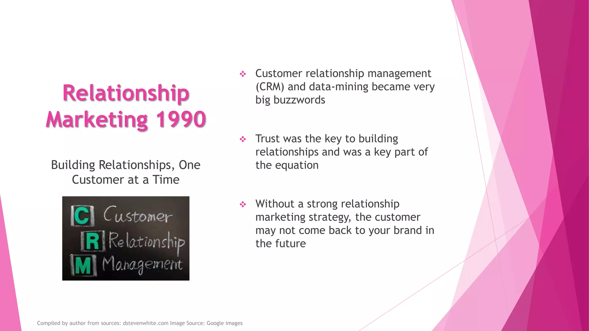 Relationship
Marketing 1990
 Customer relationship management
(CRM) and data-mining became very
big buzzwords
 Trust was the key to building
relationships and was a key part of
the equation
 Without a strong relationship
marketing strategy, the customer
may not come back to your brand in
the future
Building Relationships, One
Customer at a Time
Compiled by author from sources: dstevenwhite.com Image Source: Google images
 