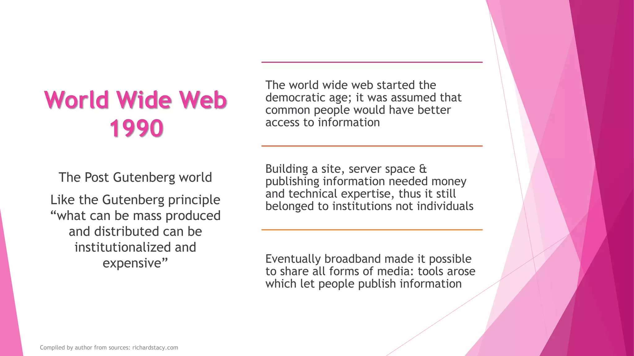 World Wide Web
1990
The world wide web started the
democratic age; it was assumed that
common people would have better
access to information
Building a site, server space &
publishing information needed money
and technical expertise, thus it still
belonged to institutions not individuals
Eventually broadband made it possible
to share all forms of media: tools arose
which let people publish information
The Post Gutenberg world
Like the Gutenberg principle
“what can be mass produced
and distributed can be
institutionalized and
expensive”
Compiled by author from sources: richardstacy.com
 