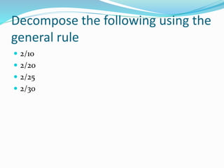 Decompose the following using the
general rule
 2/10
 2/20
 2/25
 2/30
 