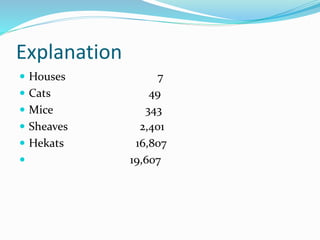 Explanation
 Houses 7
 Cats 49
 Mice 343
 Sheaves 2,401
 Hekats 16,807
 19,607
 